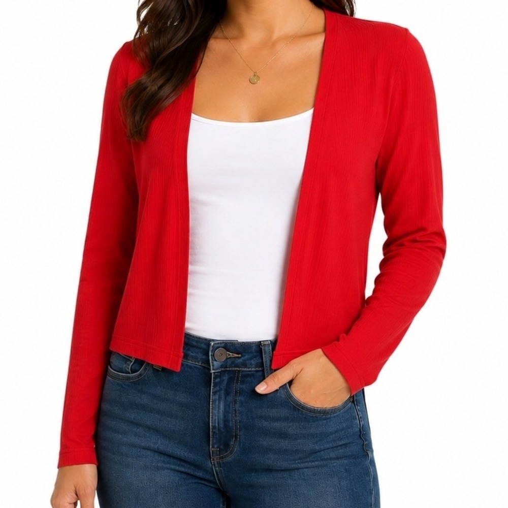 NWT OGL Red Ribbed Knit Cropped Open Front Cardigan Long Sleeve S Lightweight